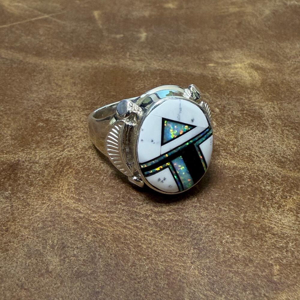 White buffalo Inlay & Sterling Silver Navajo Native Ring SZ 10.5 Albert Tsosie